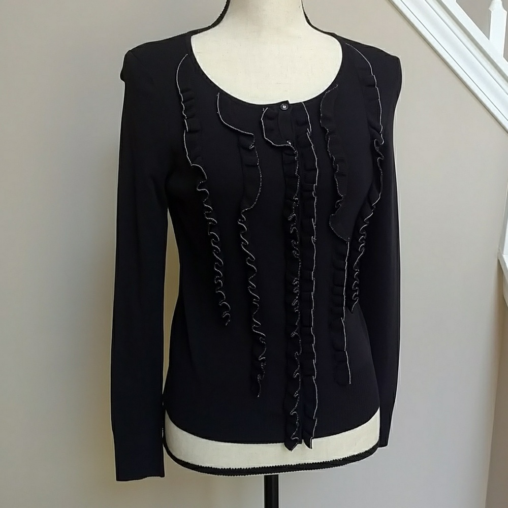 Loft Black/White Ruffled Button-Up Cardigan